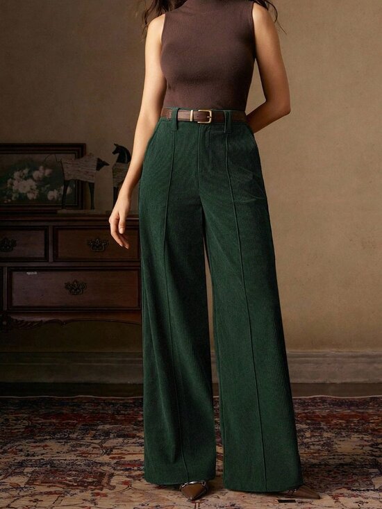 MODA ME COUTURE Pants - Dark Green Casual Women's Corduroy Trousers with Belt